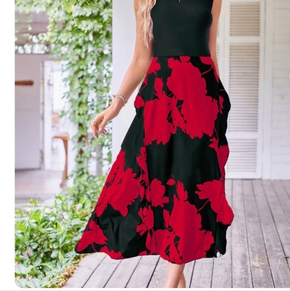 Red dress black medium maxi with 2 side slits statement sleeveless womens - Picture 7 of 16